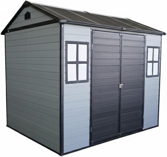 Outdoor Resin Garden Shed with Floor and 2 Windows, Plastic Patio Outdoor Storage Shed with Lockable Door for Garden Tools, Bicycles, Trash Cans(8x6ft)