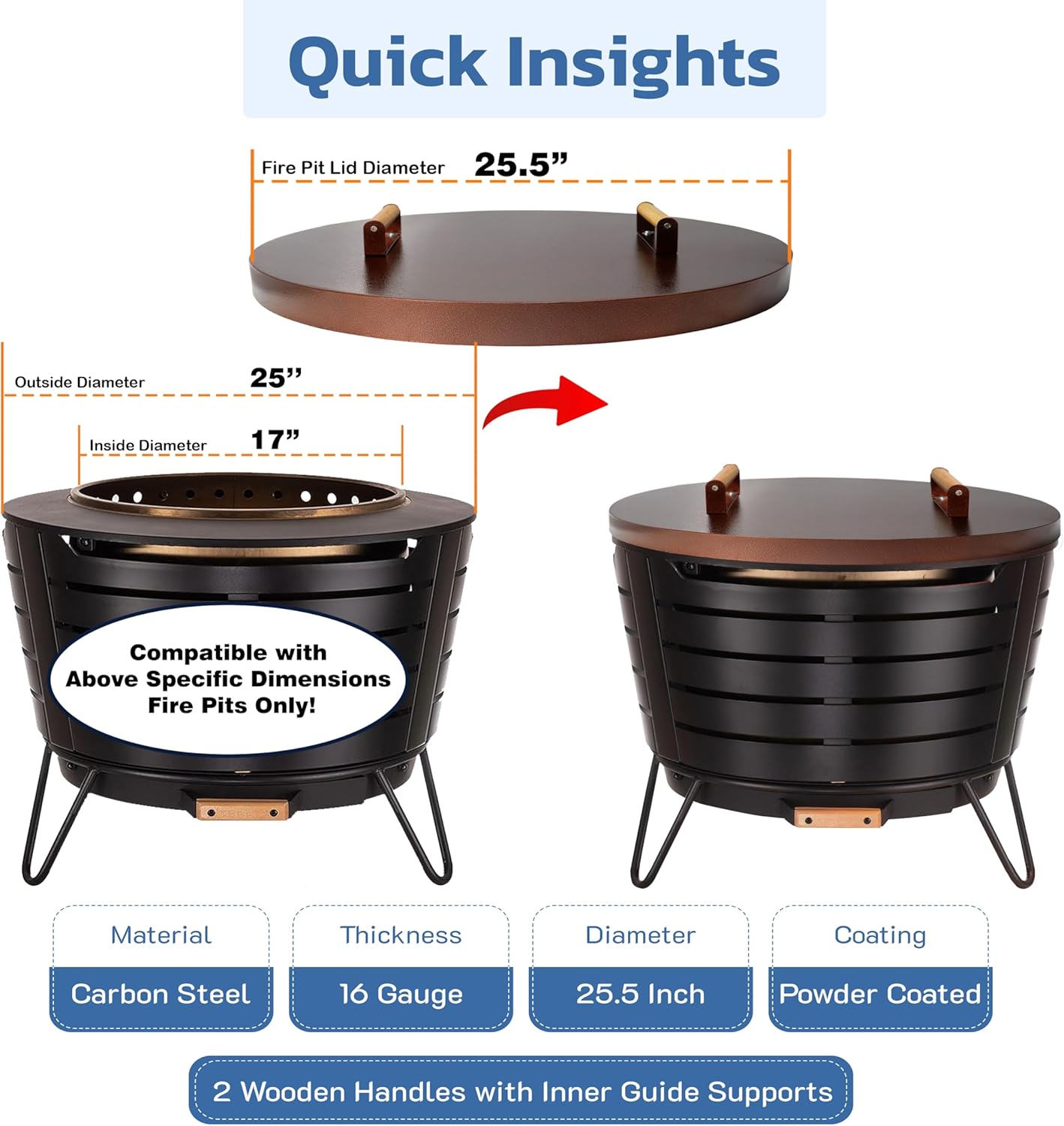 25.5” Round Fire Pit Lid – Bronze Coated fire pit cover round metal for Outdoor Fireplace 16 Gauge Steel Flat Fire Pit Burner Pan Cover with Wooden Handle Snuffer Lid for Round Patio Fire Pit