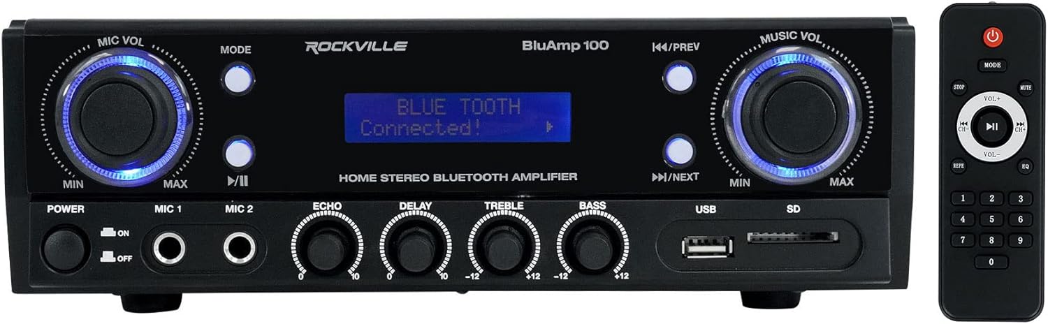 Rockville BLUAMP 100 60W x 2 RMS Home Stereo Bluetooth Amplifier, 4-8 Ohm, USB/SD/FM, Karaoke Mic Inputs, Remote Included, Perfect for Home Theater and Parties
