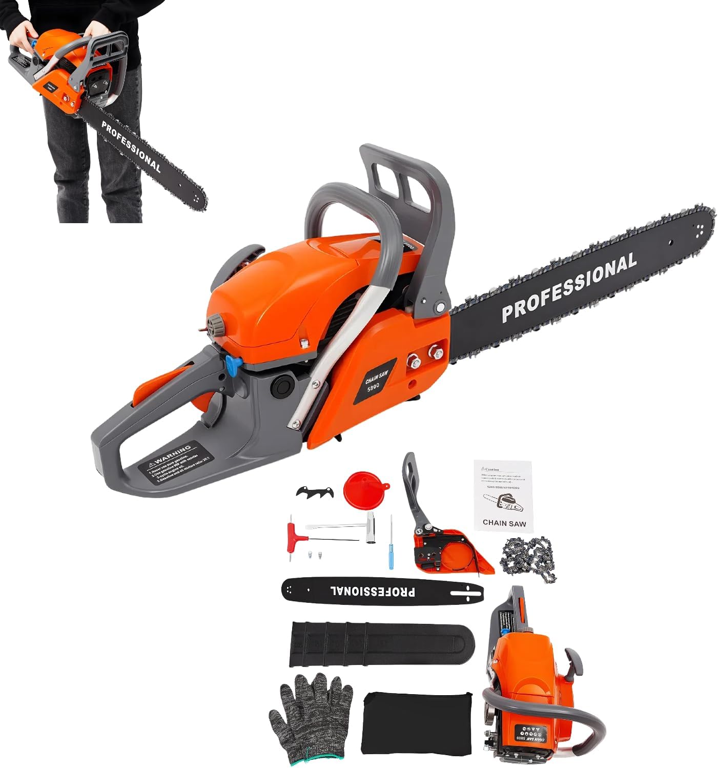58CC 20-Inch Gas Chainsaw, 2-Stroke Gasoline Powered Chain Saw, 3.6HP Handheld Gas Chainsaw with 10500rpm, Chain Saw for Wood Cutting, Tree Trimming & Pruning