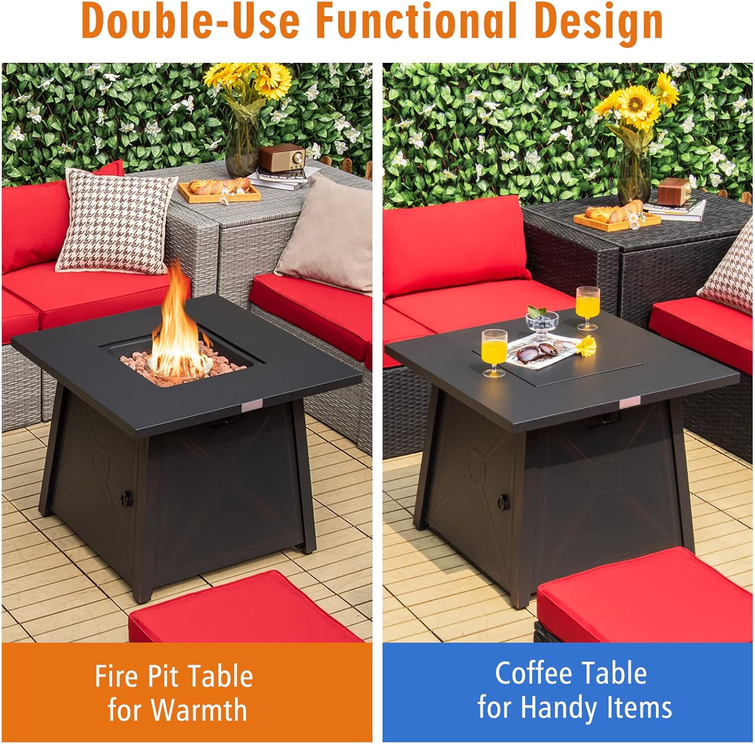 Tangkula 30 Inch Propane Gas Fire Table, Patiojoy 50,000 BTU Outdoor Square Fire Pit Table with Stainless Steel Burner, Solid Steel Frame, PVC Cover & Lava Rocks Included (Black)