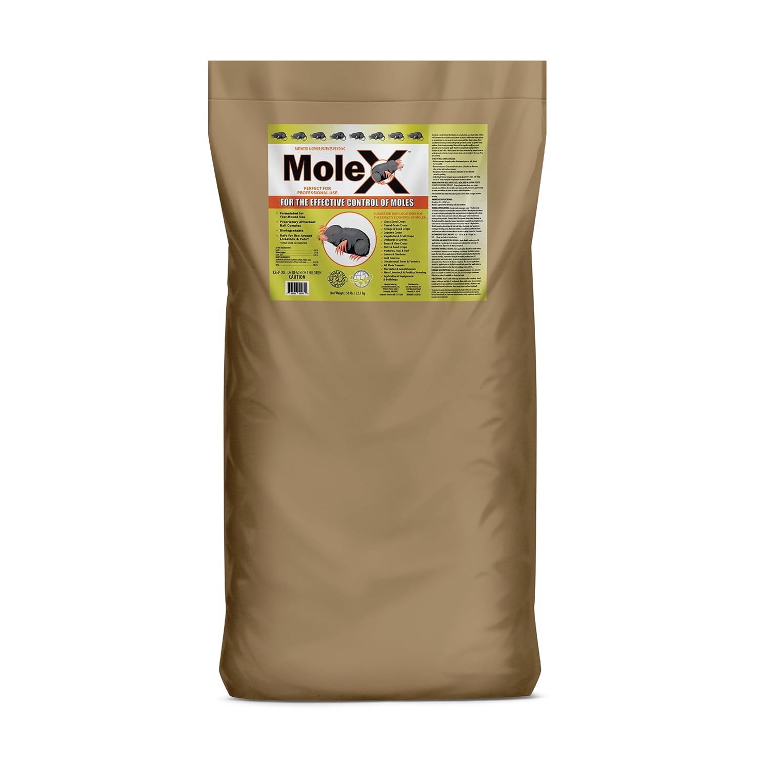 MoleX Professional Mole Control Eliminator, 50 Pound Bag, Safe Around People, Pets and Wildlife, Approved for Broadcast Use
