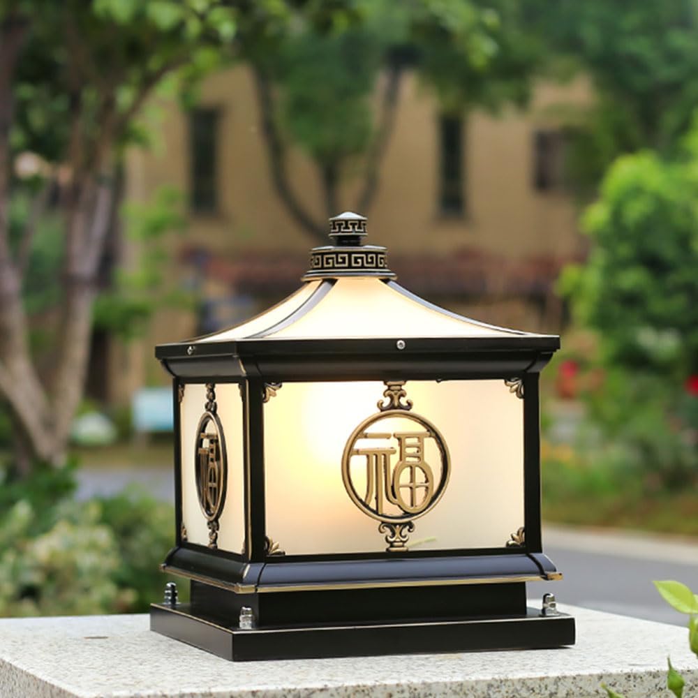 Chinese Style Modern Landscape Column Lighting Outdoor Lamp Posts Waterproof Column Light with Glass Shade Exterior Lamp Posts Lighting for Yard, Driveway, Fence, Deck