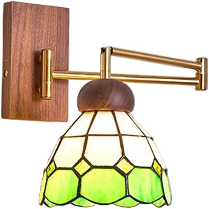 Swing Arm Wall Sconce Retro Solid Wood Wall Lamp, Adjustable Wall Mount Lights with Glass Shade for Bedroom Bedside Study Room, E27 Hardwired Indoor Lighting Fixture