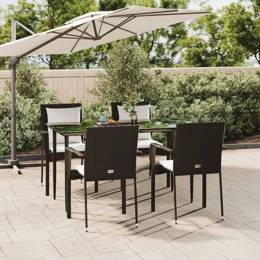 Garden Dining Set, Black Poly Rattan Table and Chairs with Cream Cushions, Outdoor Patio Furniture Set, 4 Seater, Rectangular, Durable for Balcony & Terrace