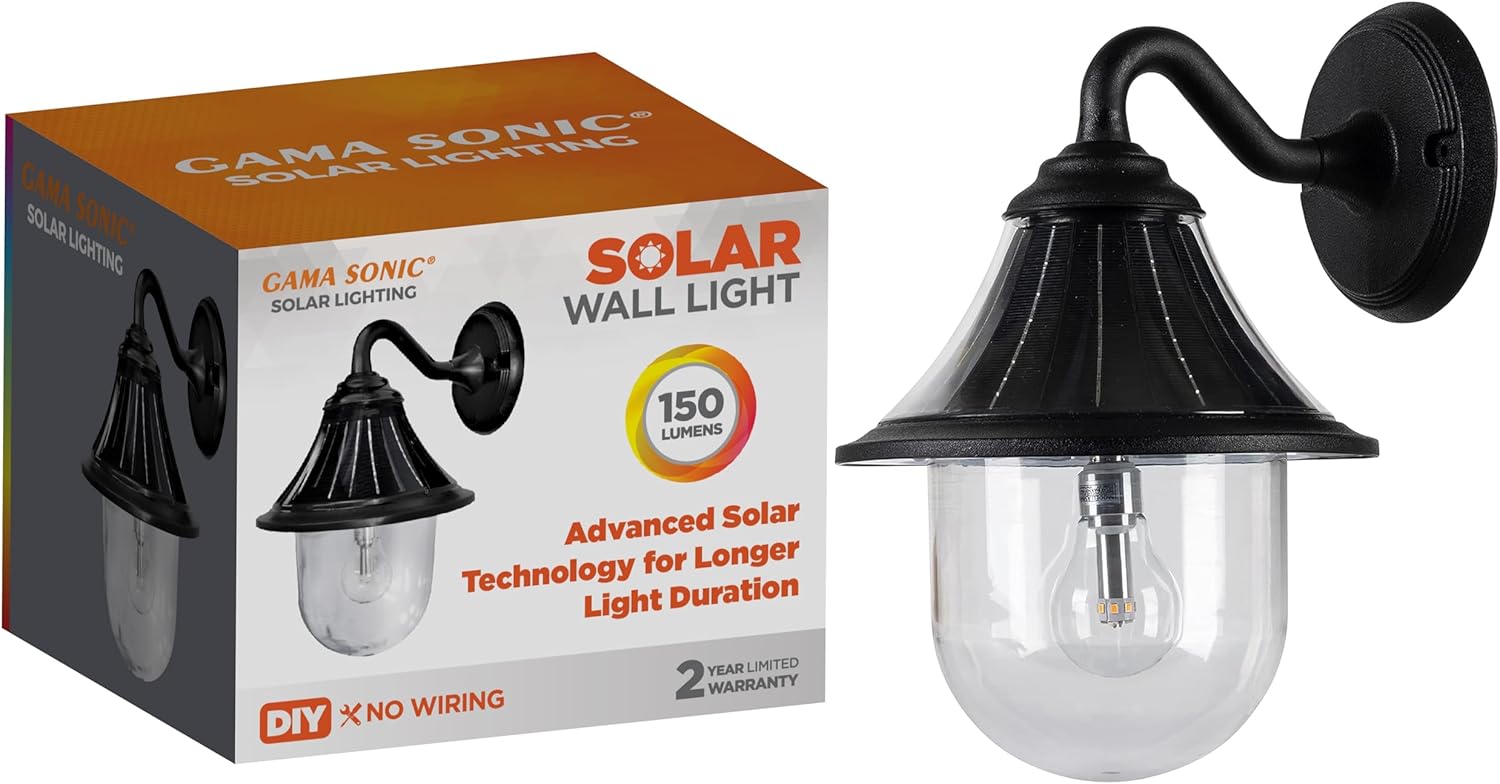Gama Sonic Orion Outdoor Solar Wall Light, 150 Lumens LED Warm White Light 2700K, Durable Black Resin Industrial Style Downlight Sconce, Dusk-to-Dawn