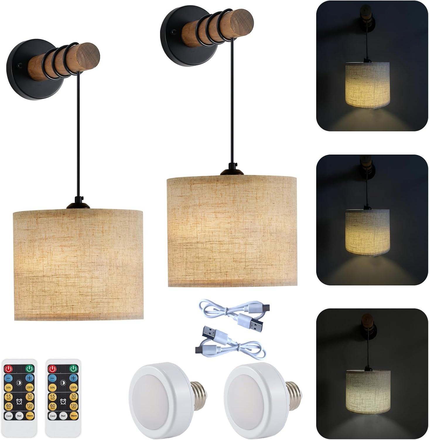 Rechargeable Battery Operated Wall Sconces Set of 2, Modern Battery Powered Wall Light with Wooden Arm & Remote Control, Adjustable 3 Colors Dimmable Wall Lamps for Bedroom, Living Room