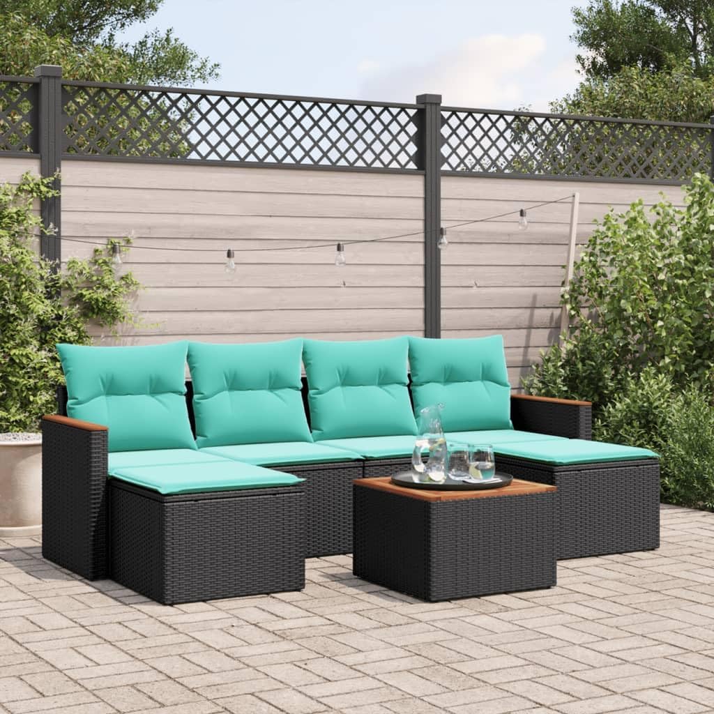7 Piece Patio Sofa Set with Cushions, Black Poly Rattan Outdoor Furniture, Modular Design with Acacia Wood Table, Storage Function, Blue