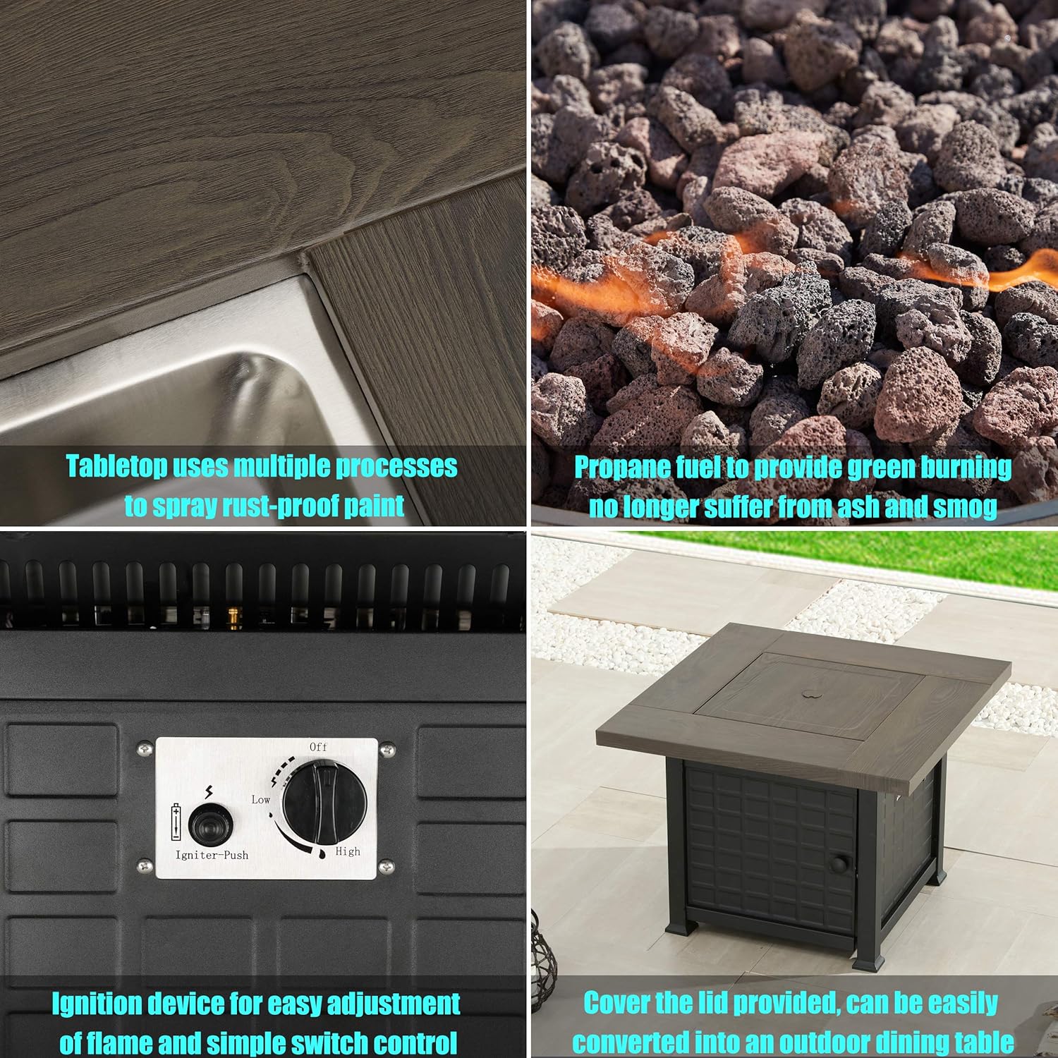 LOKATSE HOME 34-Inch Propane Gas Fire Pit Table for Square Outside Patio with Steel Cover CSA Certification 50,000 BTU Outdoor Auto-Ignition Fireplace, Black