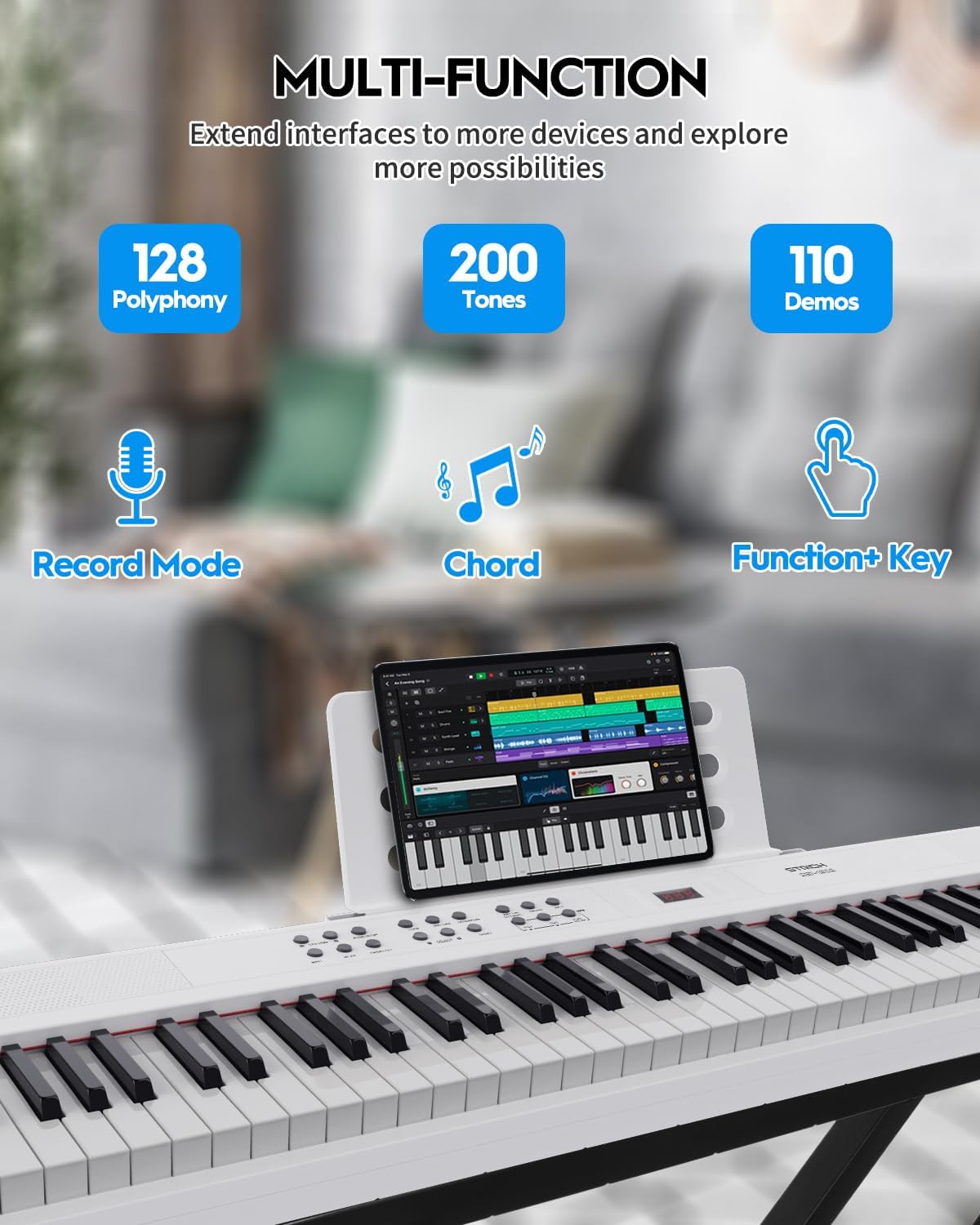 STRICH 88 Key Digital Piano Full Size Electric Keyboard with Semi-Weighted Sensitive Keys, Portable Electric Piano Set, Bundle with Sustain Pedal, Headphones, Music Rest, White, SEP-150S