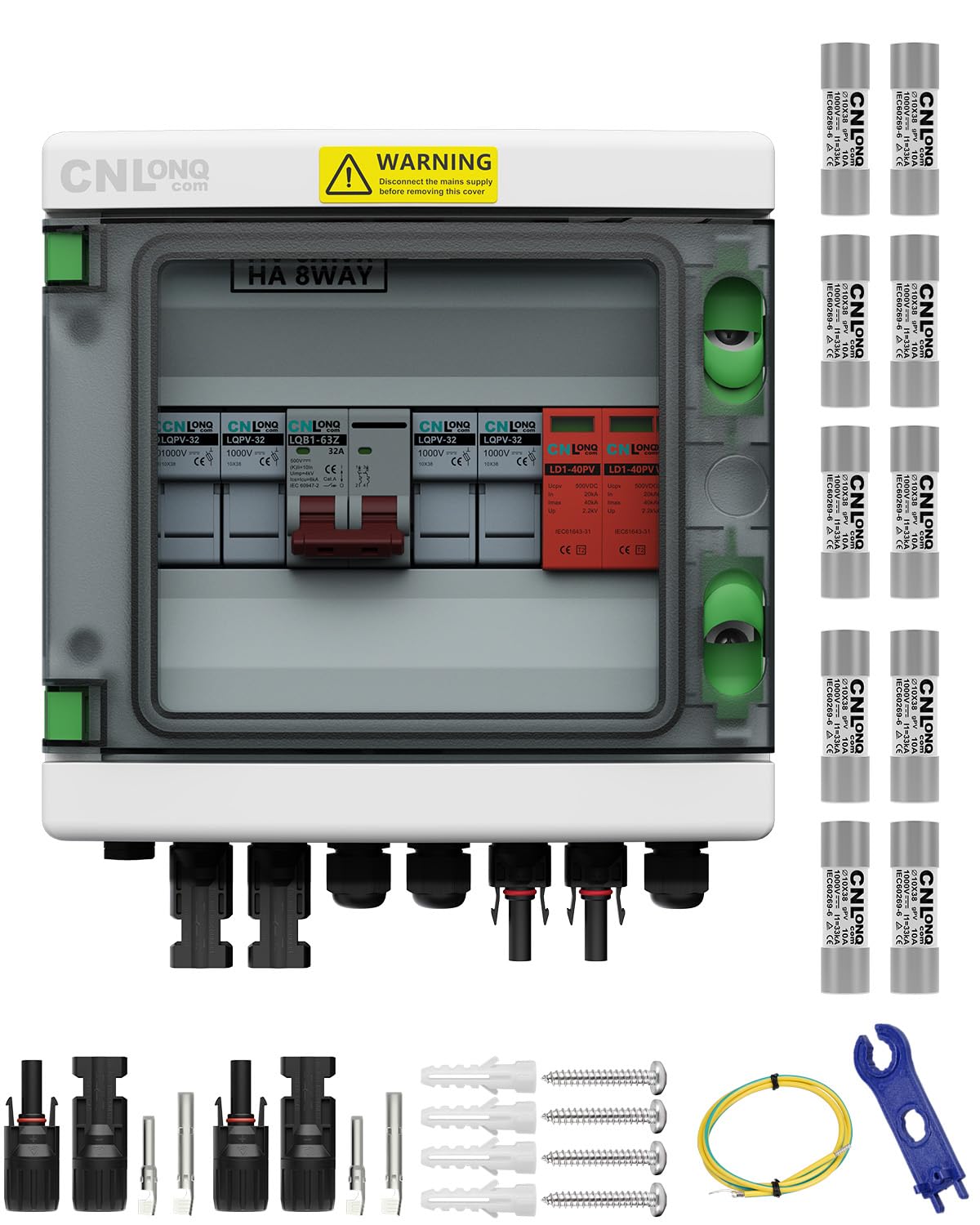 2 String Solar PV Combiner Box with 10pcs Fuse Link 10A DC1000V IP65 2 in 1 Out DC500V 32A Circuit Breaker with Surge Protector and 15A PV Fuse,Solar Disconnect Switch Outdoor Waterproof for Solar Pan