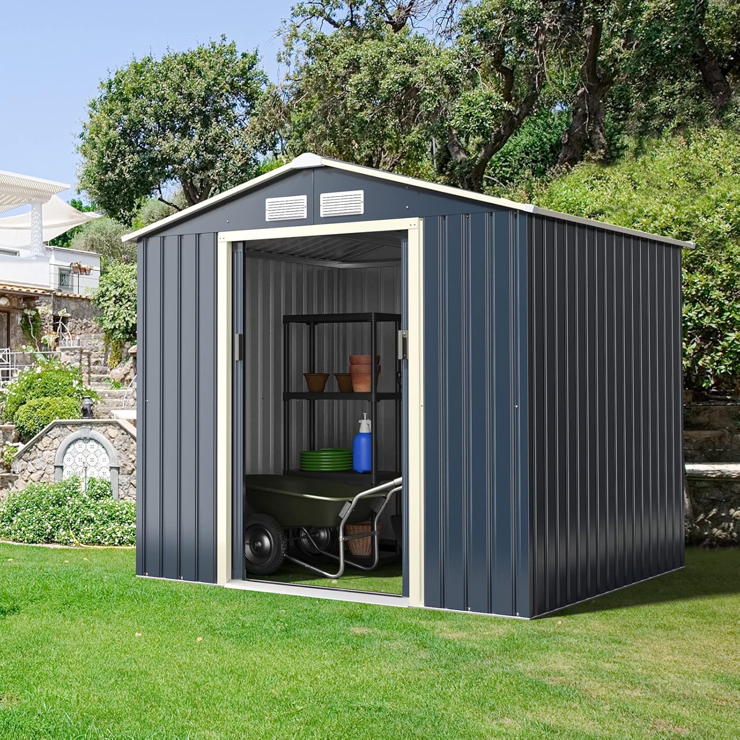Goplus Outdoor Storage Shed, 7' X 6' Metal Garden Shed with 4 Vents & Double Sliding Door, Utility Tool Shed Storage House for Backyard, Patio, Lawn