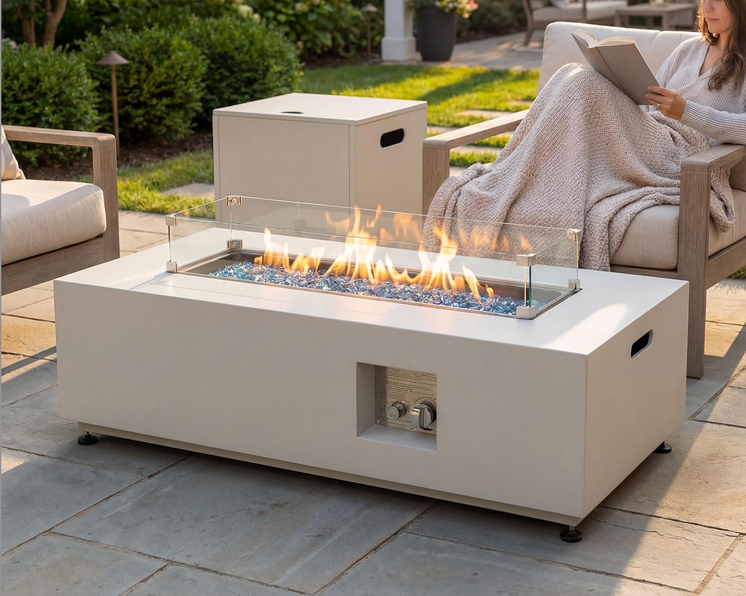 NICESOUL 42'' Rectangle Outdoor Gas/Propane Firepit Table, 50,000 BTU Low Profile Modern Fire Pit with Tank Storage & Windguard& Cover & Glass Rocks for Patio Outside, CSA Certified, Greyish White