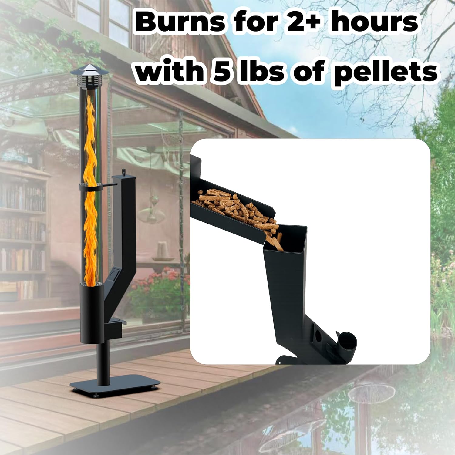 Smokeless Wood Pellet Patio Heater, Spiral Swirling Flame Glass Tube Fire Pit for Patio/Garden/Backyard, Anti-Tip Steel Base with Adjustable Feet, Outdoor Use Only