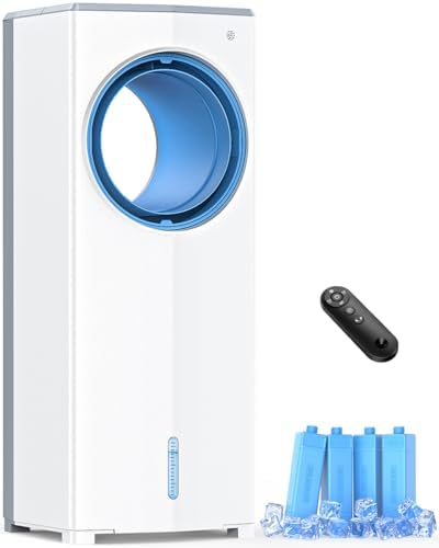 27 INCH Evaporative Air Cooler, Bladeless Windowless Air Conditioners w/4 Modes & 3 Speeds, 1 Gallon Double Tanks for 12H Cooling, 360°Auto Swing, 20ft Remote Control,7H Smart Timer, 4 Ice Packs