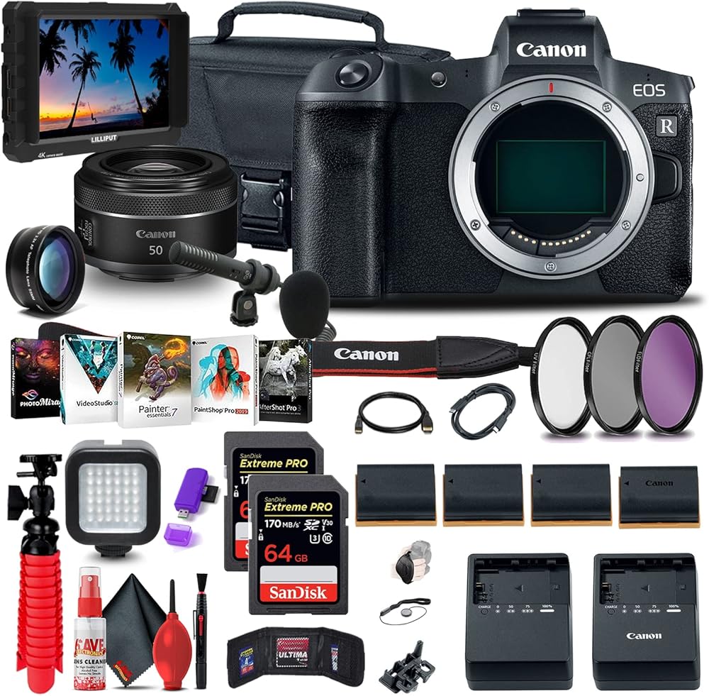 Canon EOS R Mirrorless Digital Camera (Body Only) (3075C002) + Canon RF 50mm f/1.8 STM Lens + 4K Monitor + Pro Headphones + Pro Mic + 2 x 64GB Memory Card + Case + Filter Kit + More (Renewed)