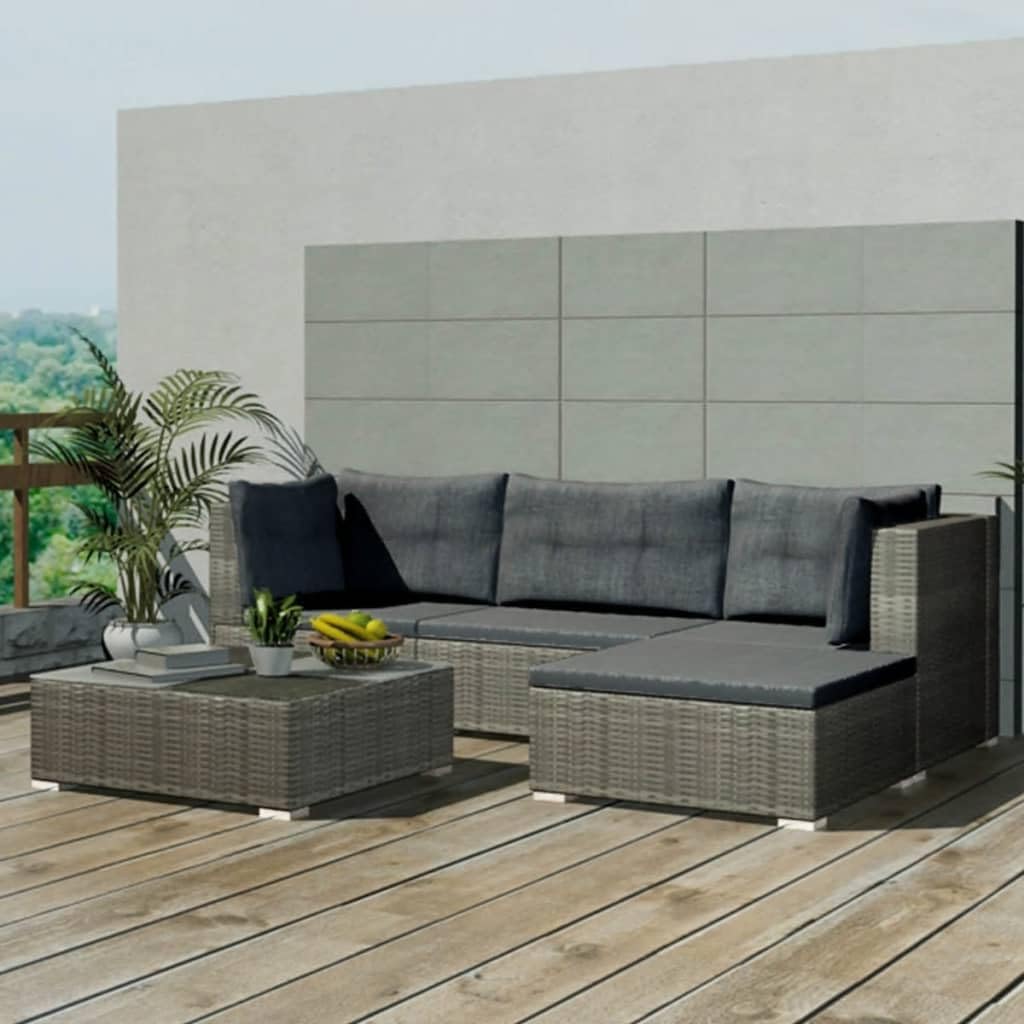 5 Piece Patio Lounge Set with Cushions Poly Rattan Gray,Outdoor Rattan Sofa Set with Glass Top Table Modular Patio Furniture for YearRound Comfort Patio Furniture Sets, Outdoor Furniture Sets