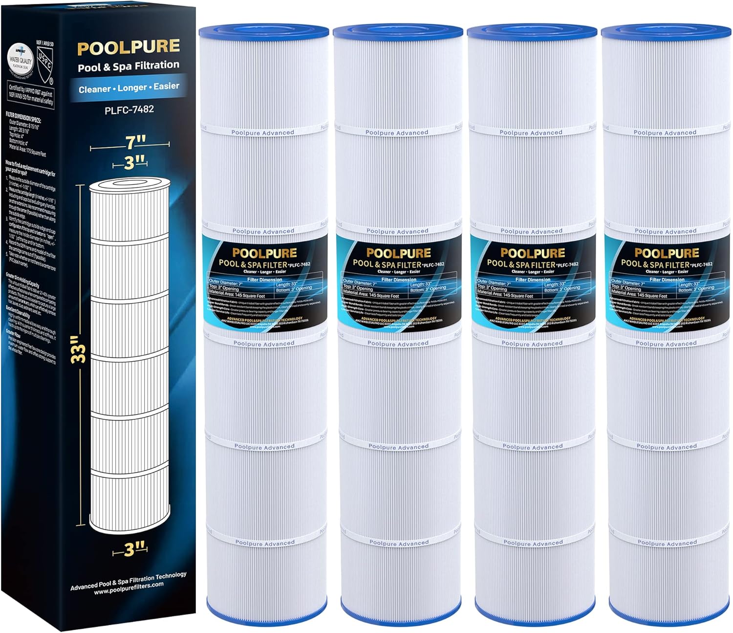 POOLPURE C-7482 Pool Filter Replaces Jandy CL580, CV580, PJAN145, Ultral-A10, Unicel C-7482, Filbur FC-0820, A0104100, R0357900, Filbur FC-6415, SD-01109, 145 sqft Filter Cartridge 4 Pack