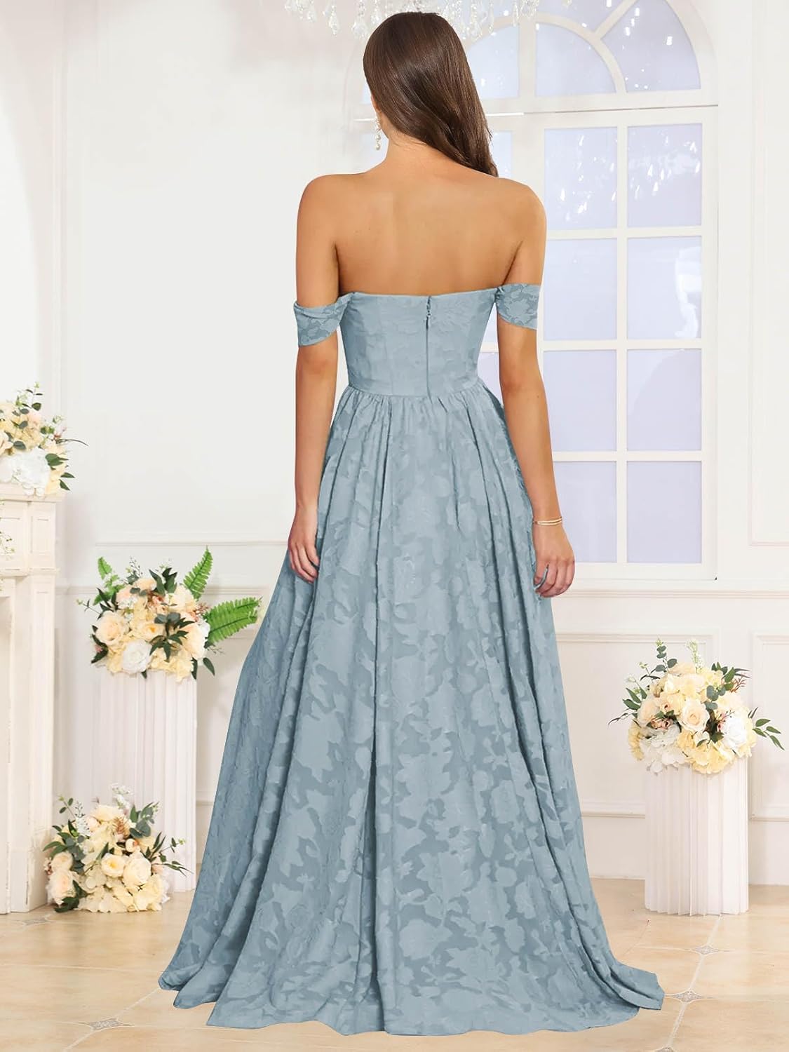 BOLENSYE Floral Bridesmaid Dresses Long Formal Dress Off The Shoulder A Line Ruffles Evening Party Gown for Women