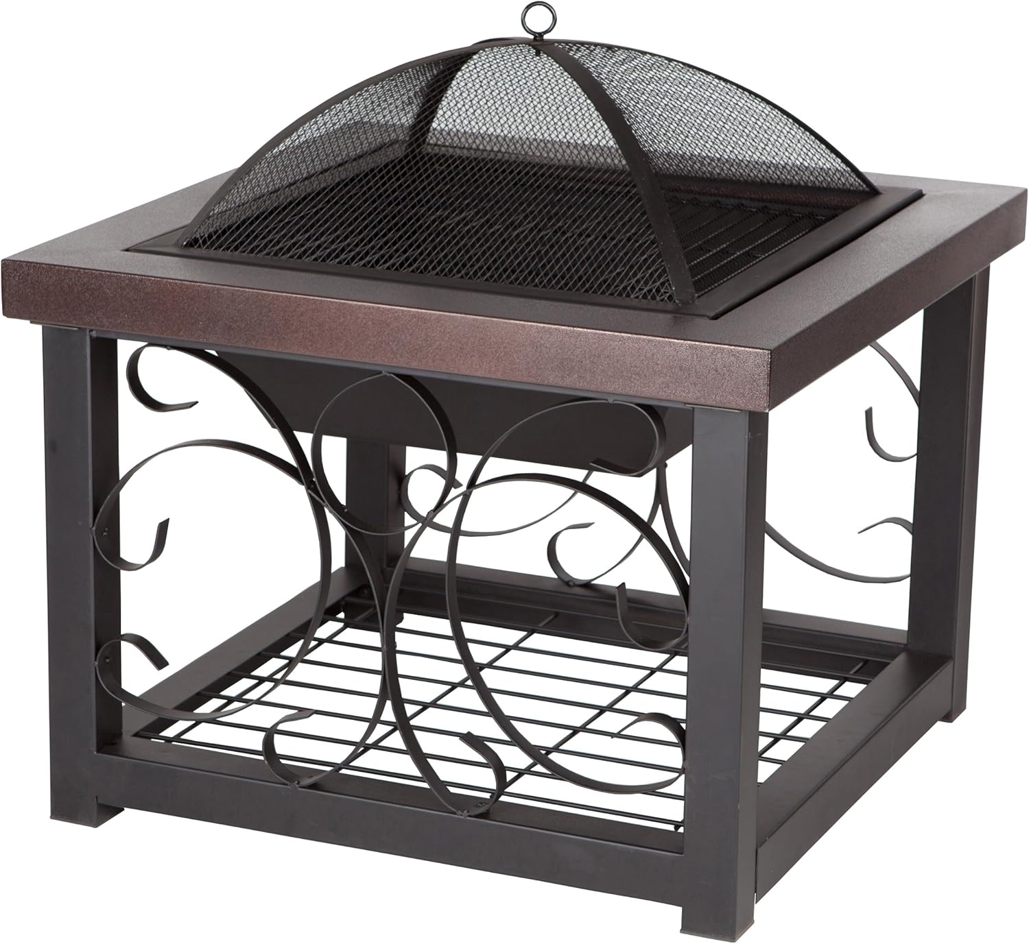 Fire Pit Cocktail Square Table Wood Burning Steel Mesh Spark Screen Wood Grate Screen Lift Steel Firepit with Log Storage Rack - Hammer Tone Bronze Finish