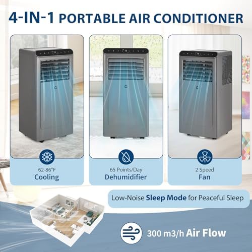 10000 BTU Portable Air Conditioners, 4-In-1 Portable AC Unit for Rooms Up to 450 Sq. Ft, Dehumidifier, Fan, Energy Saving, Remote Control, 24 Hour Timer, Sleep Mode, for Bedroom/Office,Grey