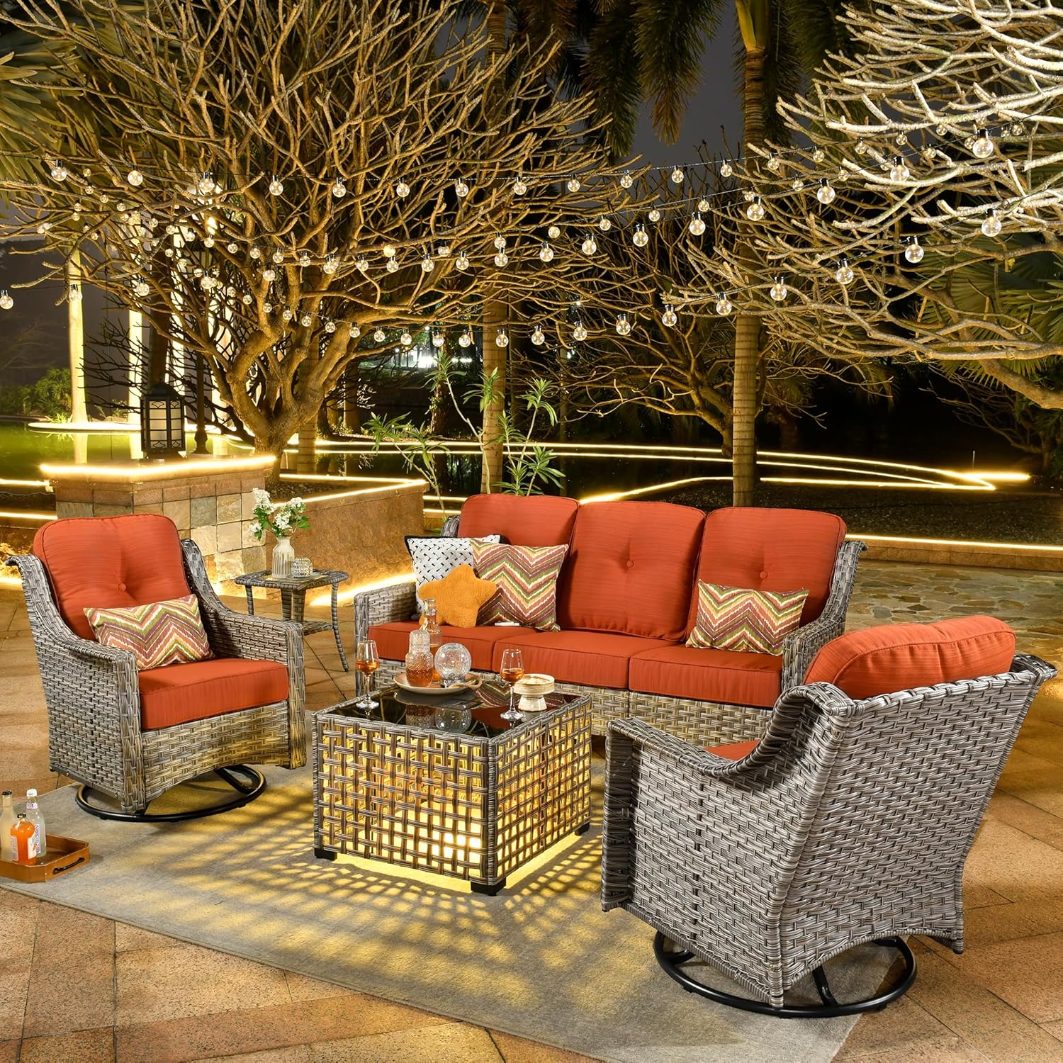 ovios 5 Piece Outdoor Patio Furniture with 3 Seat Sofa,Rattan Wicker Coversation Set with Swivel Rocking Chair,Balcony Sofa Set with Shiny Table for Outside Porch Backyard Pool, Orange