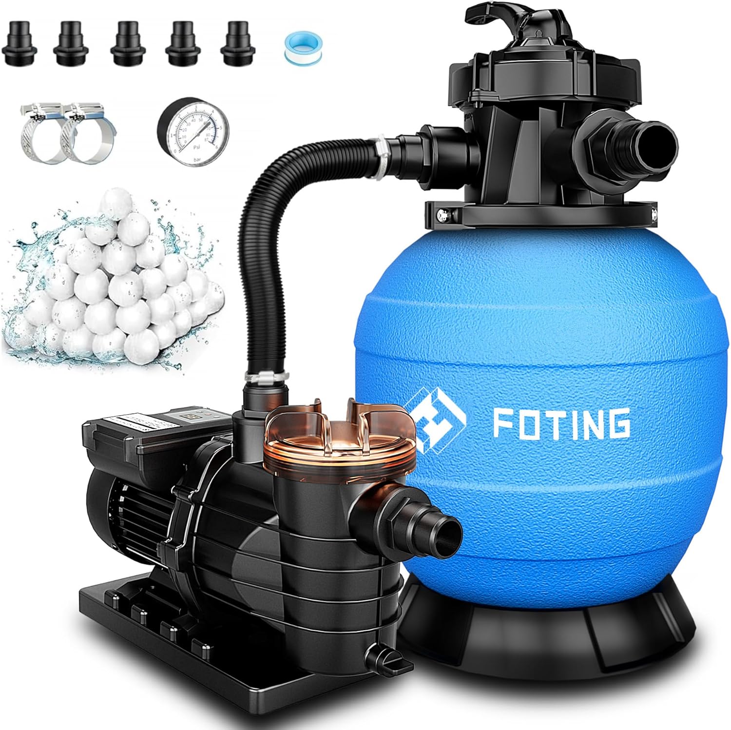 FOTING Sand Filter Pump for Above Ground Pool with Timer, Swimming Pumps System & Pool Sand Filter with 7-Way Valve, 13in, 1HP 3800GPH for Pools Up to 13000GAL