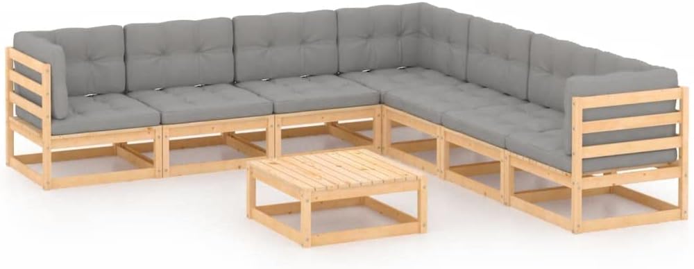 Rustic Solid Pine Garden Lounge Set, Grey Cushions, Outdoor Patio Furniture for 8 People, Natural Wood Finish, Durable Deck Seating