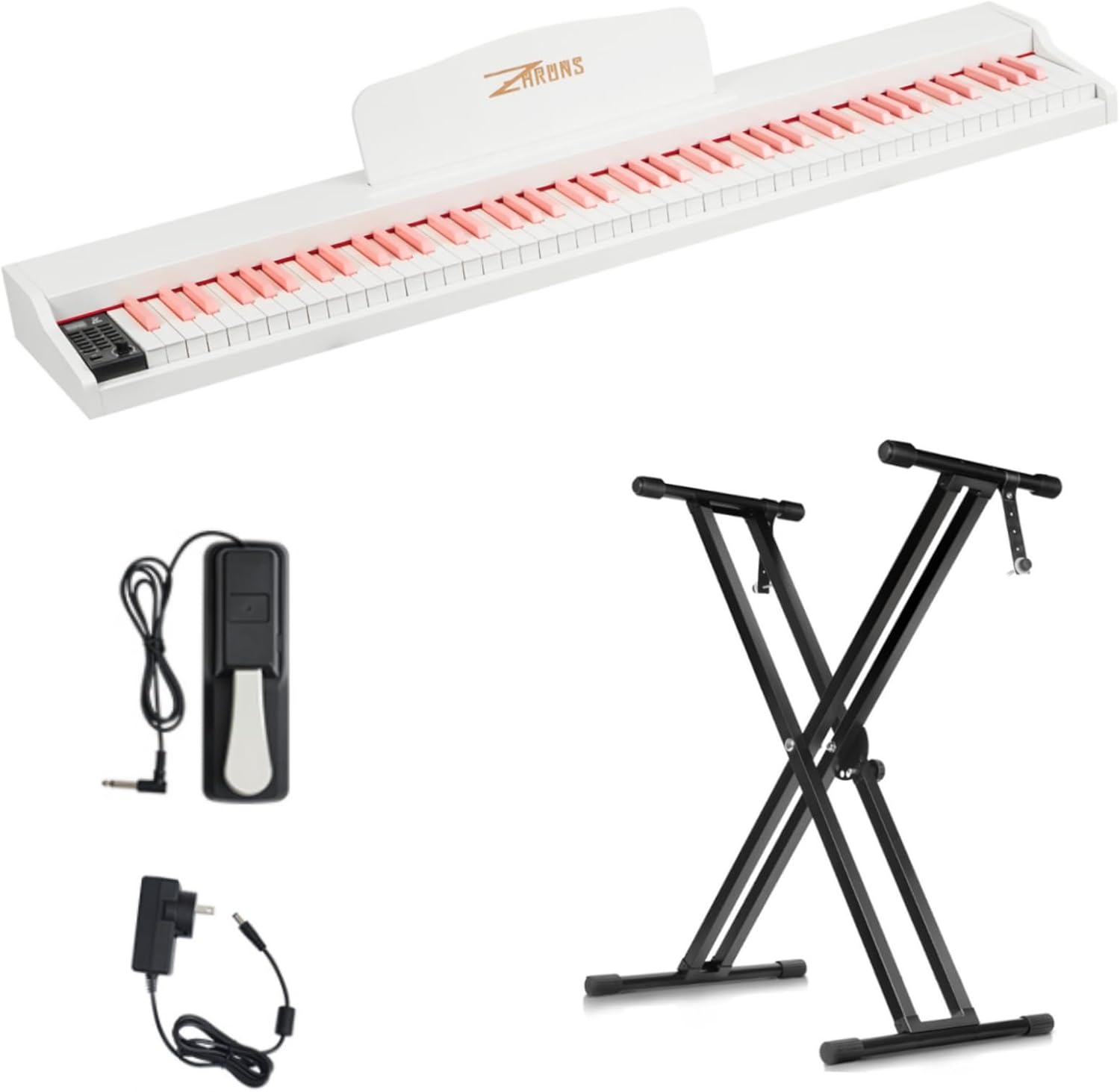 ZHRUNS 88 Key Weighted Keyboard Piano with X-Shape Stand, Sustain Pedal, Power Adapter & Sheet Music Stand - Home Digital Piano, White Pink