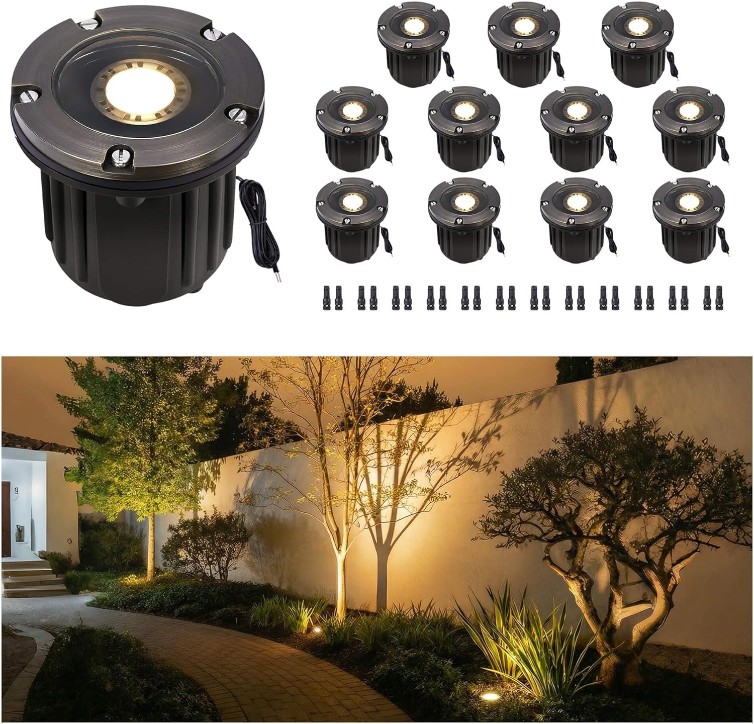 Gardenreet Brass Landscape Well Lights, LED Hardwired In Ground Low Voltage Lighting, Ip65 Waterproof 12V Electric Fixture, Antique Bronze for Wall Pathway Tree 12-Pack (Bulb Not Included)