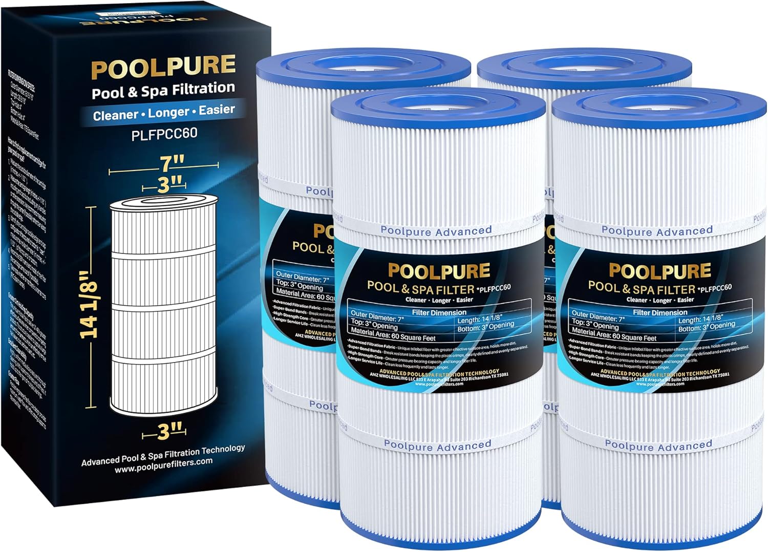 POOLPURE PLFPCC60 Pool Filter Replaces Pentair CCP240, PCC60, Ultral-A4, Unicel C-7469, R173572, 178569, Filbur FC-1975, Clean and Clear Plus 240, L x OD:14 1/8
