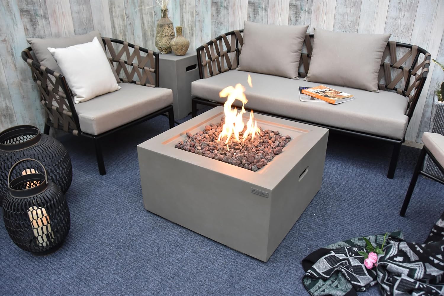 AMS Fireplace | Modeno | Ridgefield | Firepit Table | Cover and Lava Rocks Included | (Fuel; Natural Gas - Light Gray)
