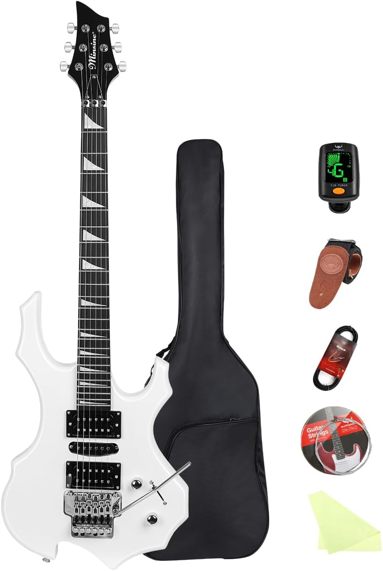Electric Guitar Kit Flame Design with Rosewood Fretboard, Tremolo Bridge, HSH Pickups – Perfect for Beginners & Pros Solid Body Guitar MS200 (White)