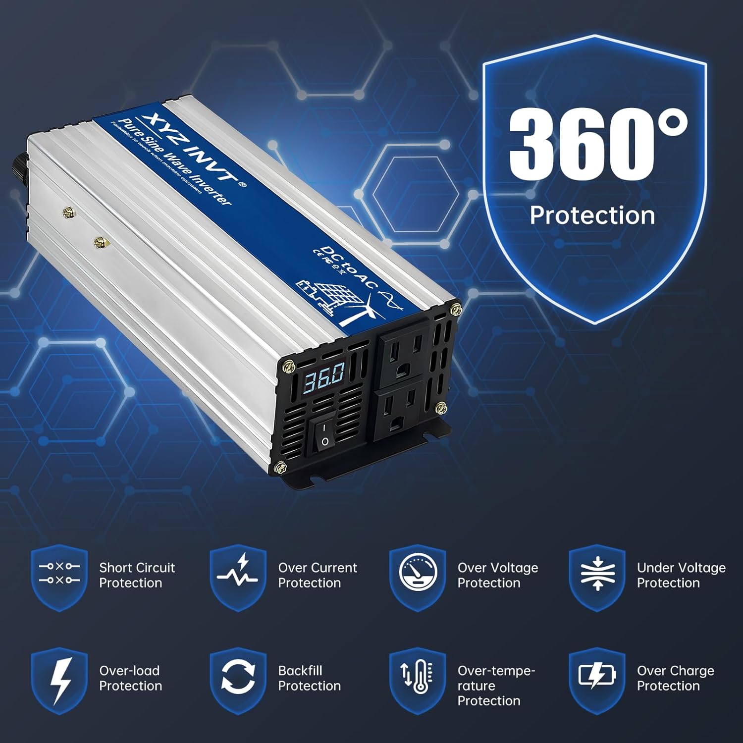 1000W Pure Sine Wave Power Inverter DC 36V to AC 110V/120V, 2000W Peak, Car/Truck Power Converter for Solar, Home, Vehicle & Rechargeable Devices with LED Display