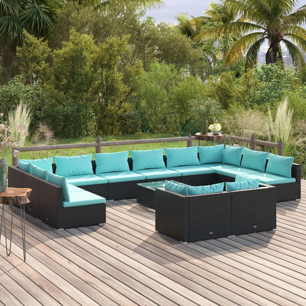 13 Piece Patio Lounge Set with Cushions Black Poly Rattan, Patio Furniture Sets, Outdoor Furniture