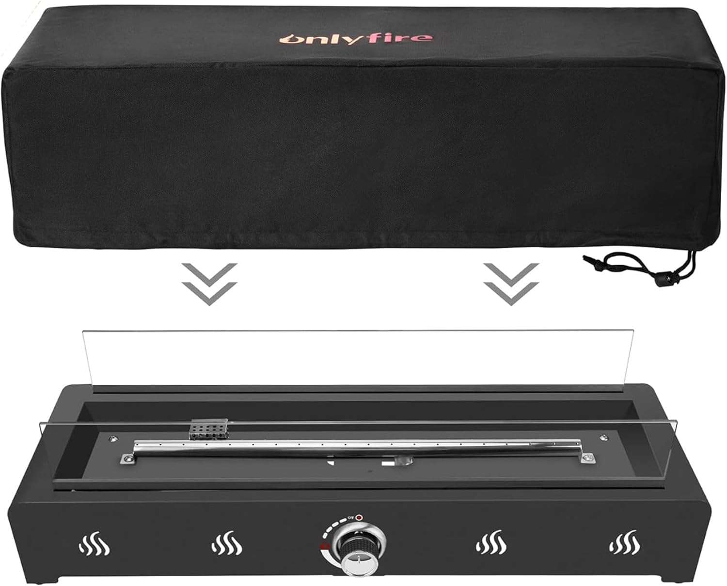 Onlyfire 28 Inch Tabletop Gas Fire Pit with Cover, Outdoor Propane Fire Pit with Bottom Air Inlet, Glass Wind Guard and Lava Rock