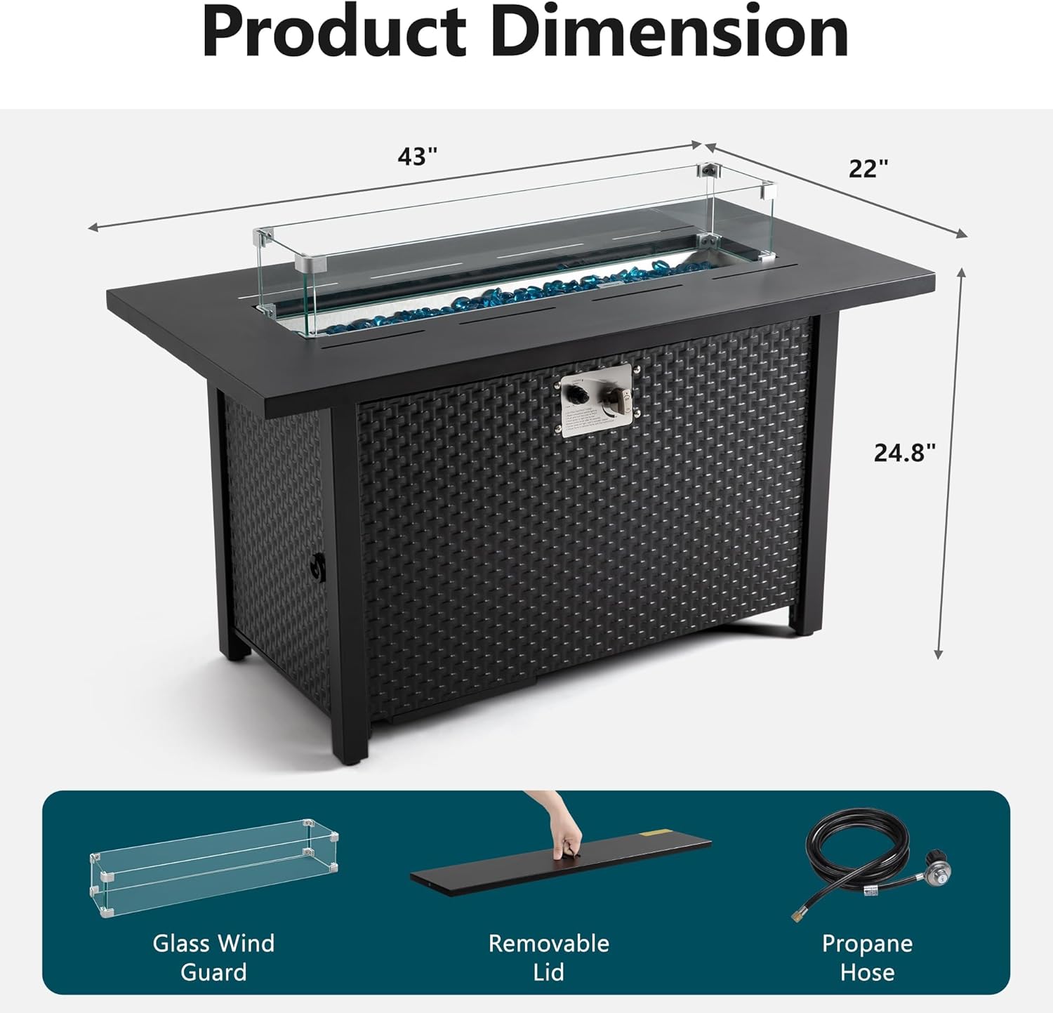 Royalcraft 43?Outdoor Propane Fire Table Set with Heavy-Duty Glass Stones, Glass Wind Guard, Lid & Water-Resistant Cover, Rectangle Fire Pit Table, 50,000 BTU Metal Fire Pit Table for Patio, Deck