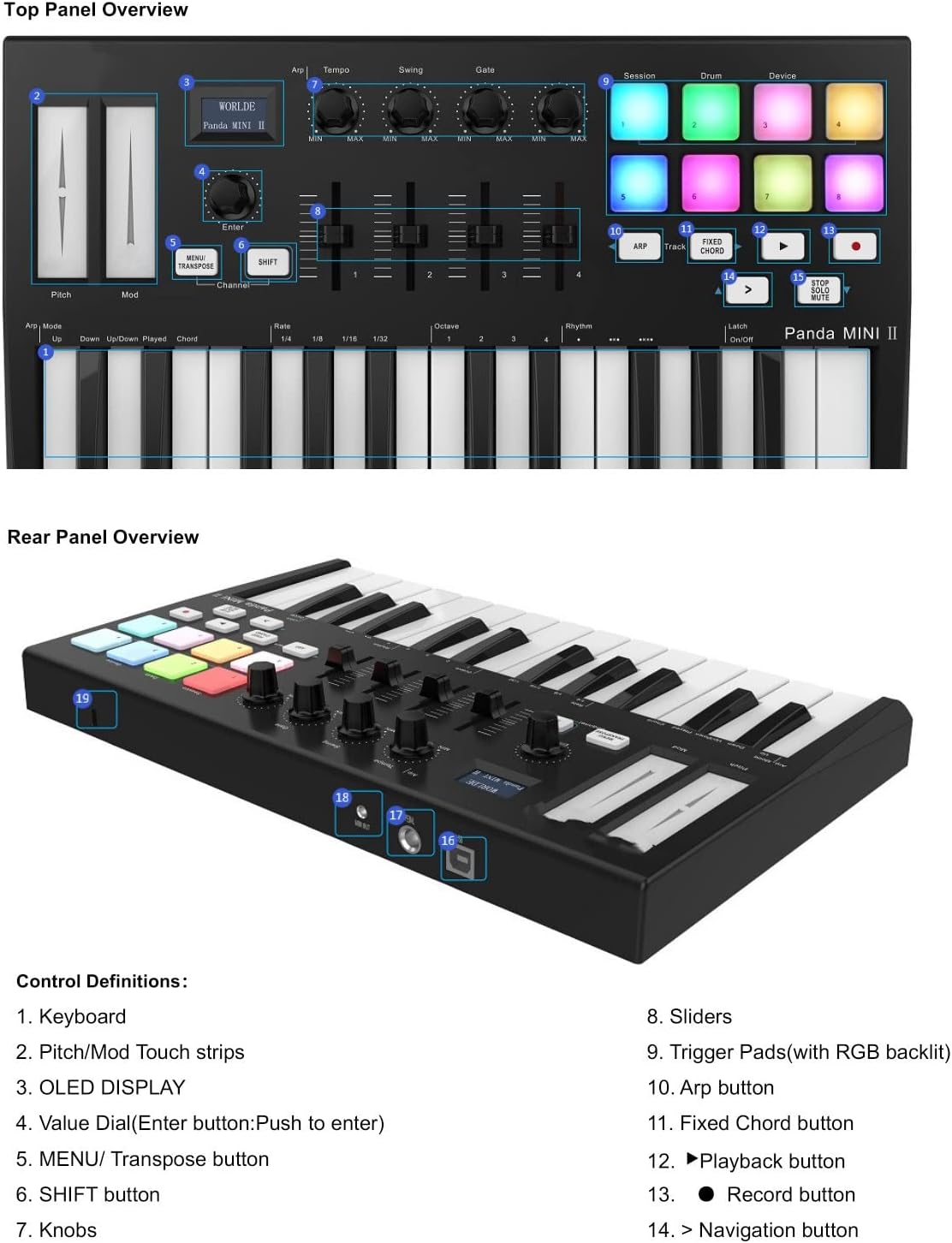 Keyboard Piano 25-Key USB MIDI Keyboard Controller with 8 RGB Backlit Trigger Pads 4 Assignable Control Knobs