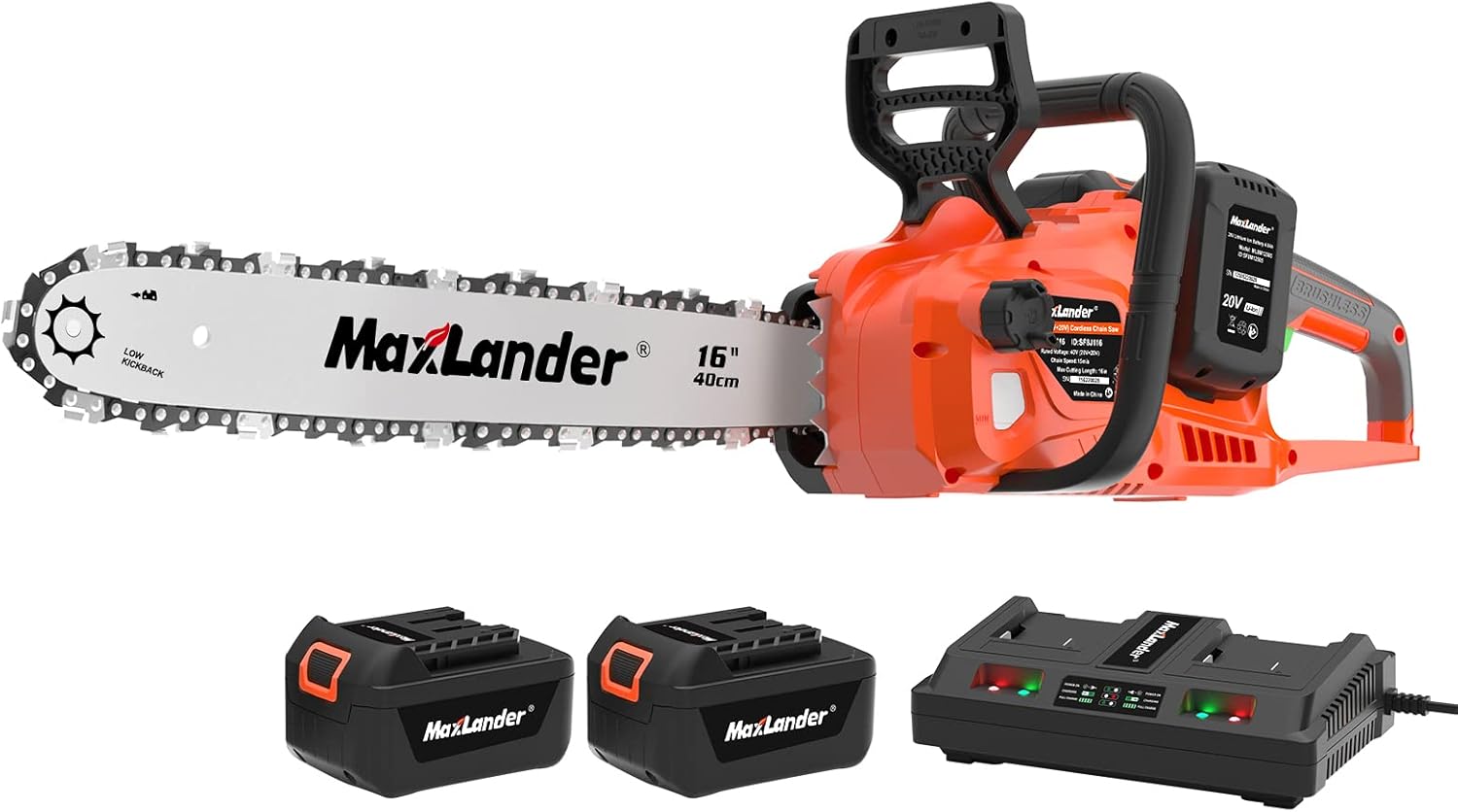 MAXLANDER 40V Cordless Brushless Chainsaw 16 Inch Electric Battery Powered with 4.0Ah Lithium Battery and Charger Quiet Auto-oiling Tool-less Tensioning