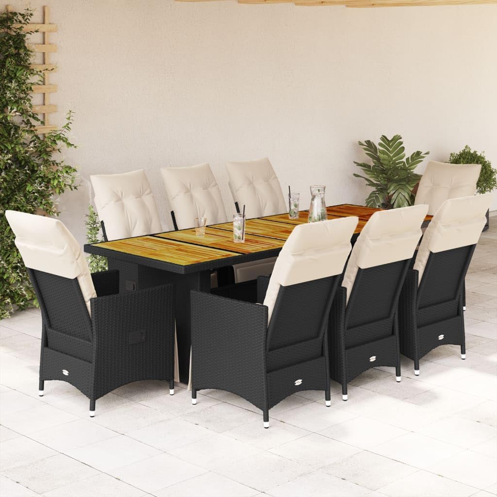 9-Piece Black Poly Rattan Patio Furniture Set, Acacia Wood Outdoor Dining Table and Chairs, Garden Balcony Furniture, Seats 8 People