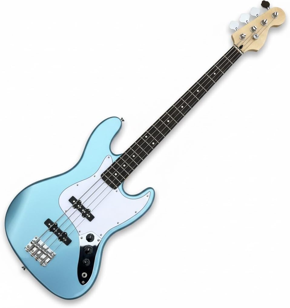 Electric Bass Guitar 4 String Full Size J-Style Dual Single Coil Pickups Metallic Ice Blue for Beginners
