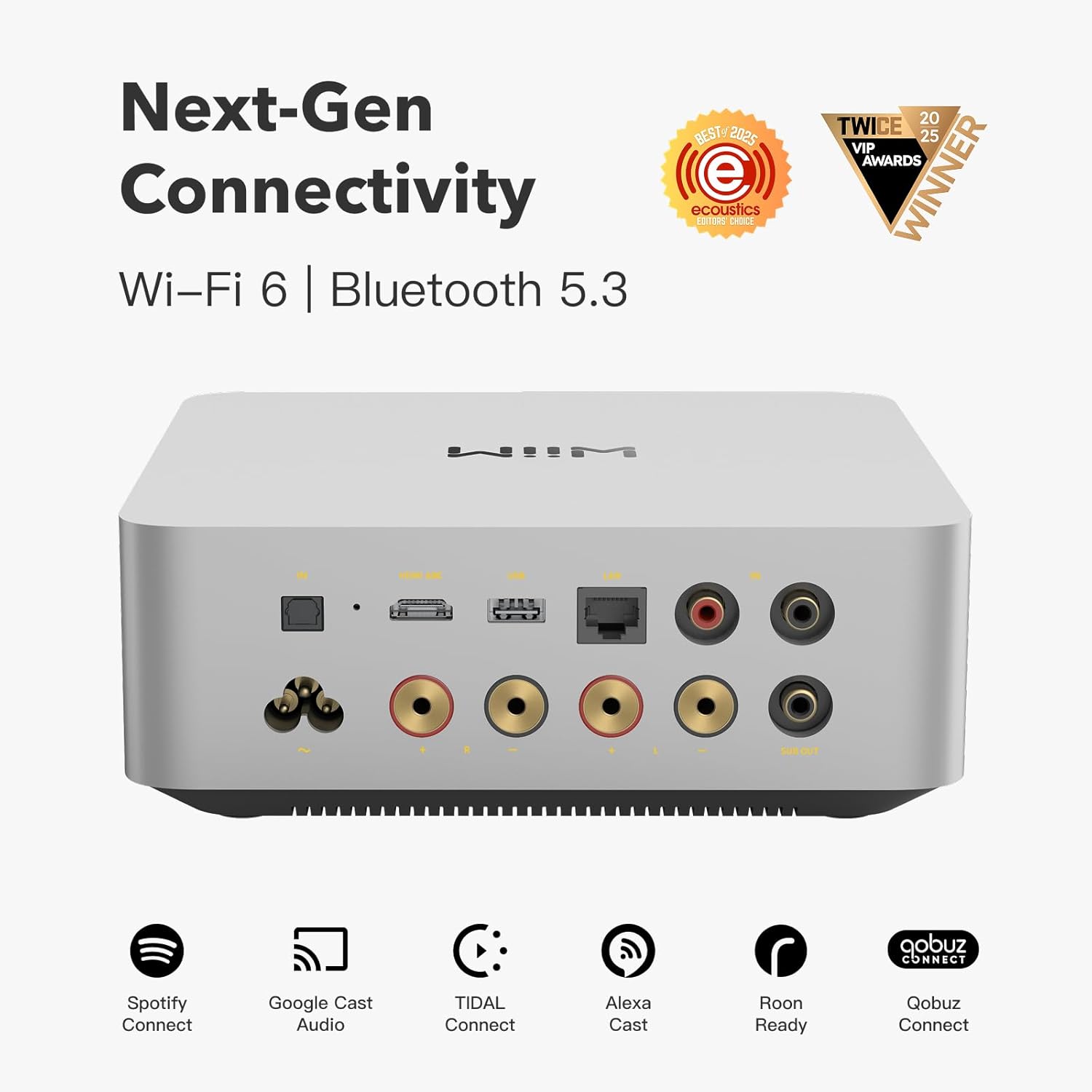 WiiM Amp Ultra with Voice Remote 2 | 100W Streaming Amplifier with Premium ESS ES9039Q2M DAC & Dual TI TPA3255 Amps | Built-in RoomFit EQ & Touchscreen | HDMI ARC, Optical, RCA Inputs | Silver