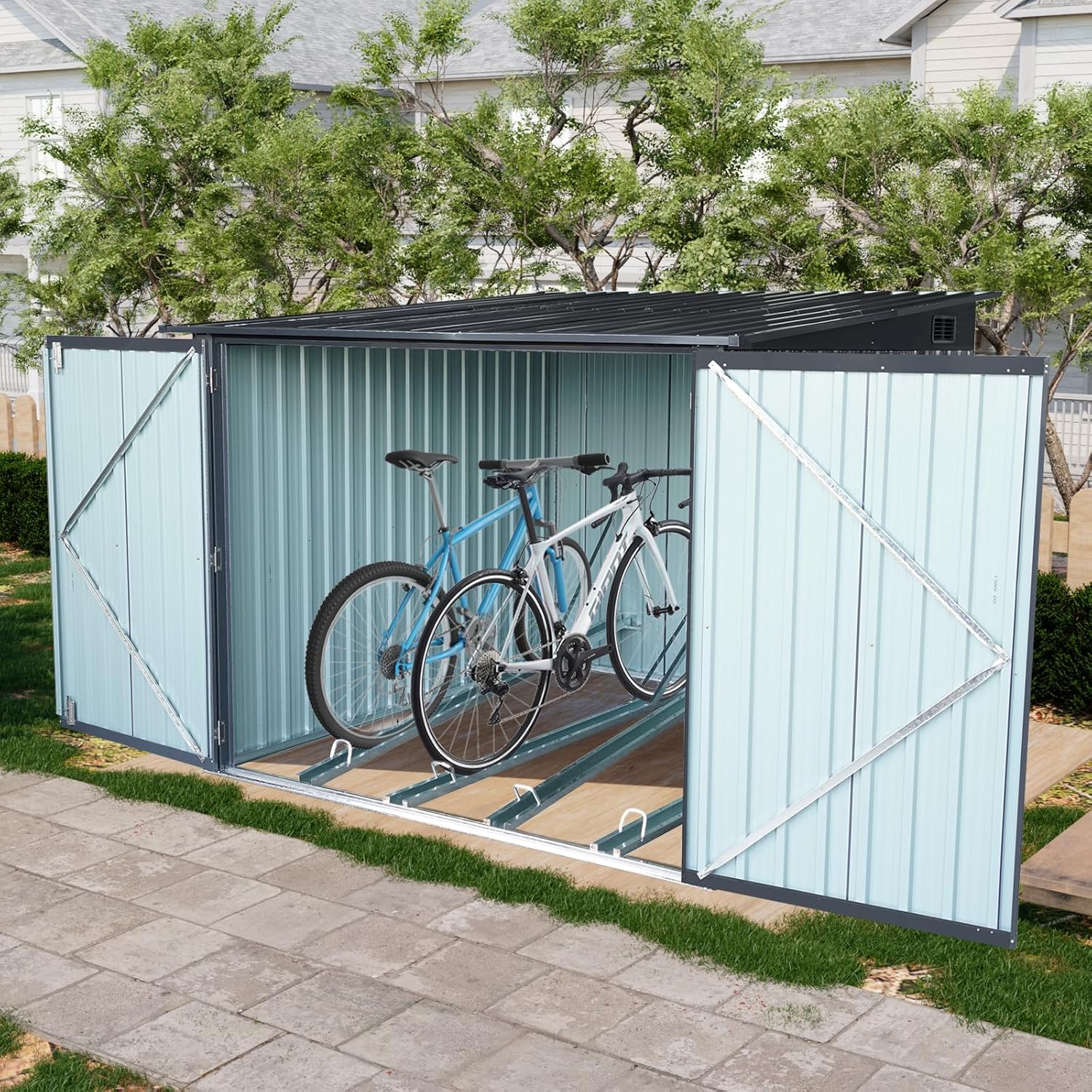 6.3 x 6.3 x 4.7 FT Outdoor Storage Shed with Slope Roof and 4 Bike Tracks, Black