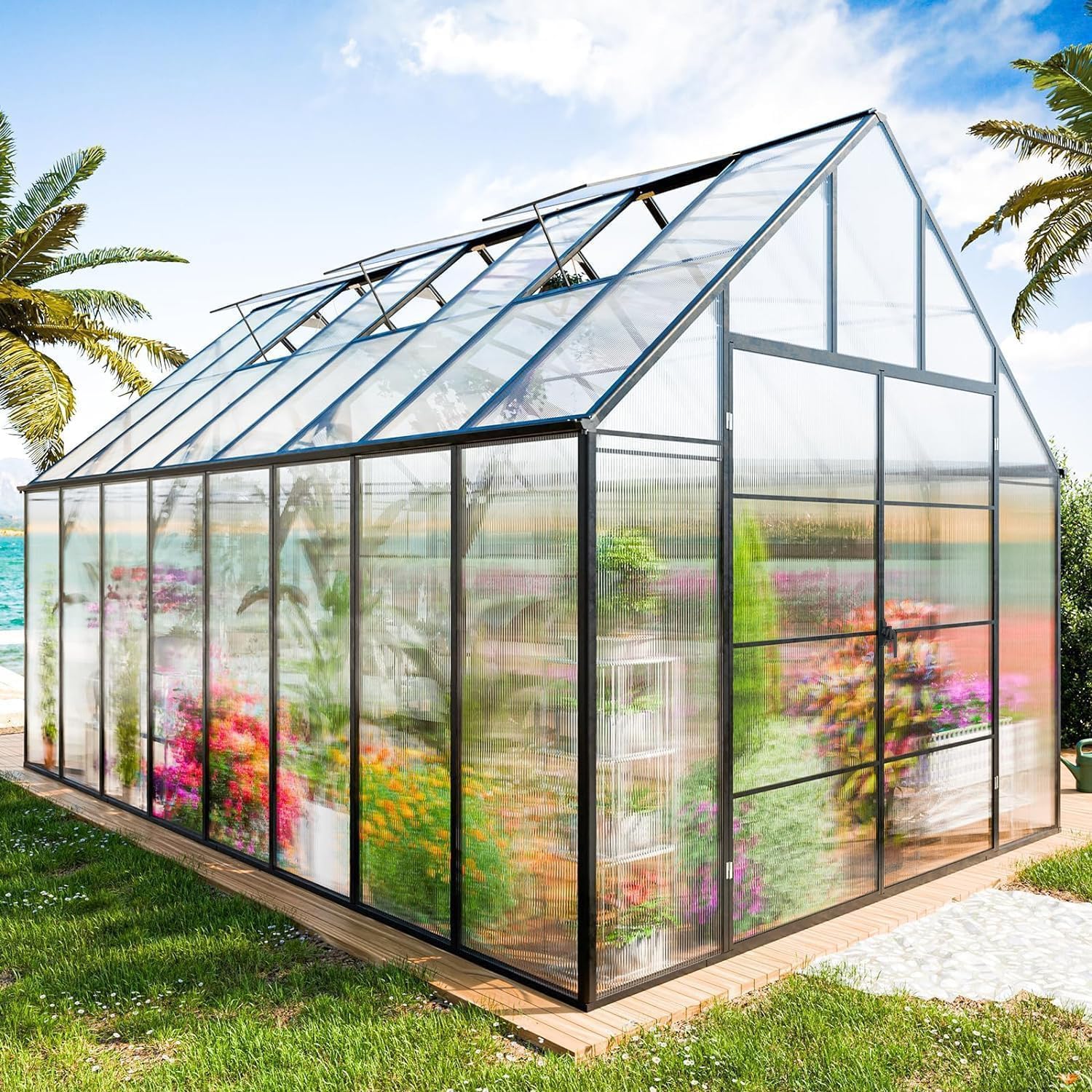 Greenhouse, 10x16 FT Easy Assembly Hybrid Polycarbonate Greenhouses for Outdoors w/3 Vent Windows & Swing Door Walk-in Green Houses Aluminum GreenHouses for Garden, Black
