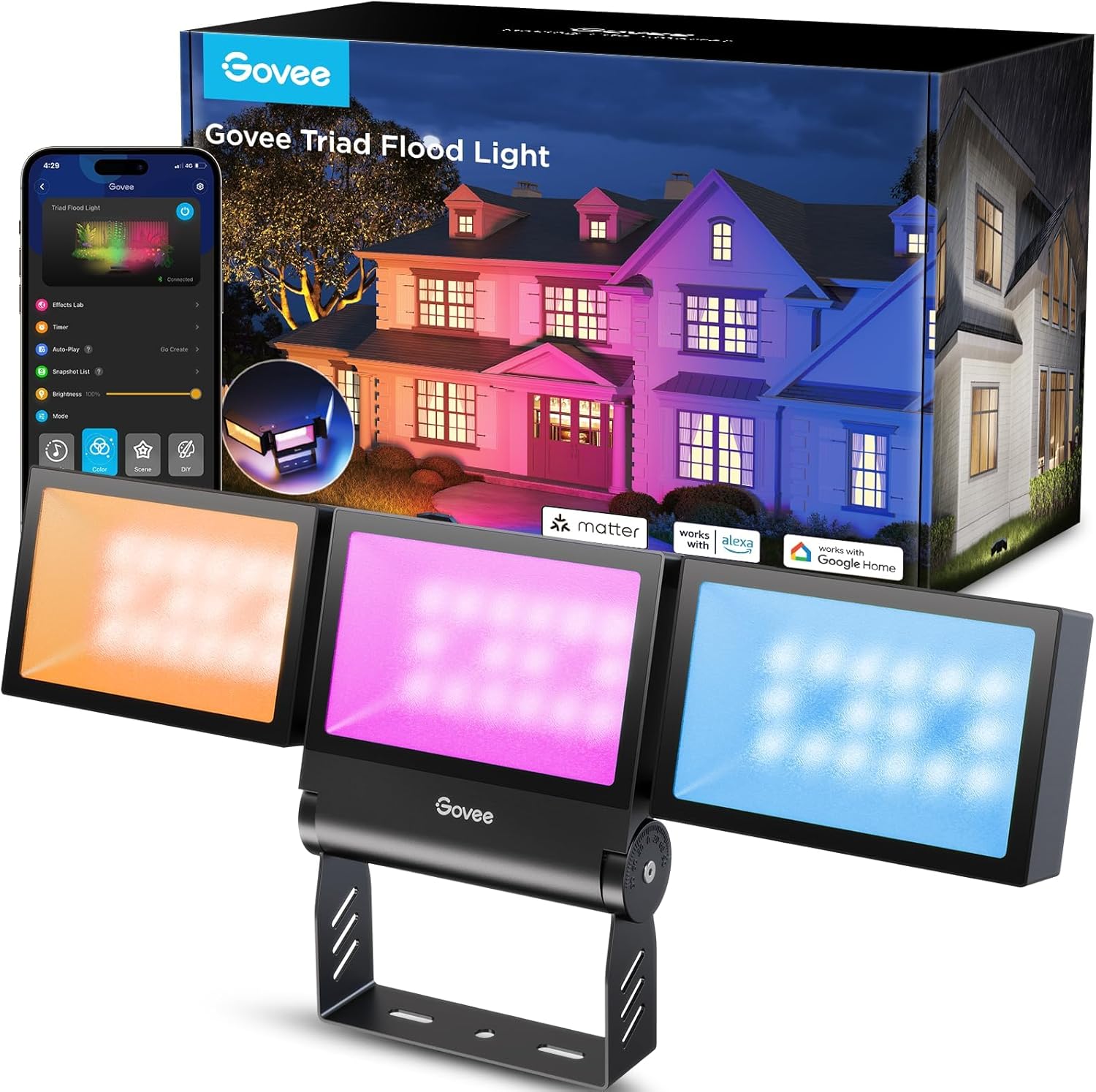 Govee Triad Outdoor Flood Lights, 48W 4500LM RGBIC 3 Head Security Lights, 2700-6500K, IP66 Waterproof, Smart WiFi Outdoor Lights with App Control for Garage, Yard, Porch, Compatible with Alexa