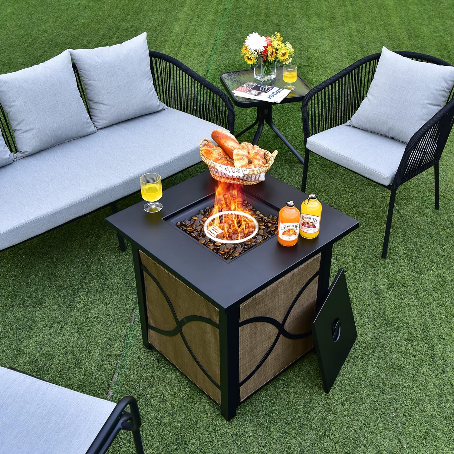 ReunioG Square Propane Fire Pit Table, 40000 BTU Auto-Ignition Square Gas Fire Pits w/Lid, Fire Glass, Adjustable Flame, Outdoor Steel Fire Table for Patio Garden Backyard Balcony Outside (25 Inch)