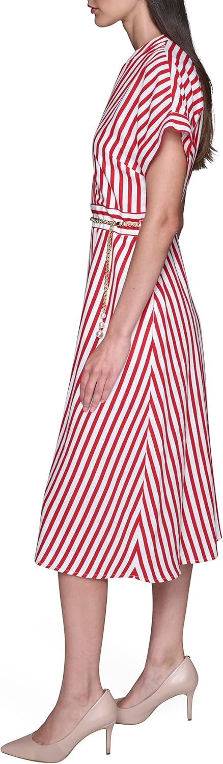 Karl Lagerfeld Women's Short Sleeve V-Neck Printed Linen Midi Dress