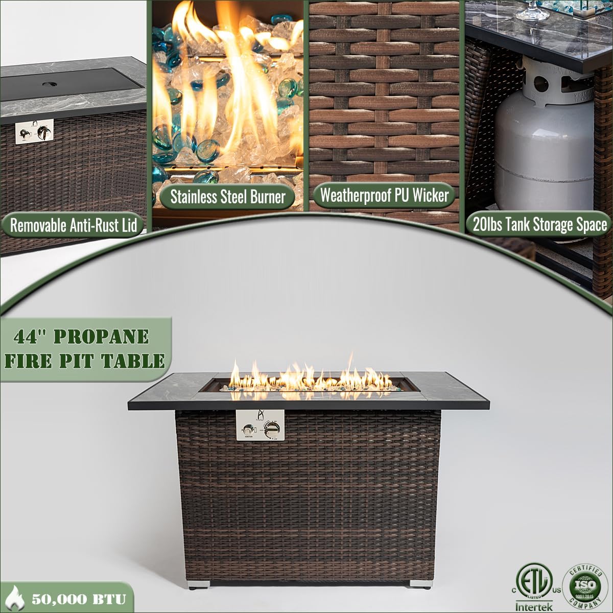 44 Inch Propane Fire Pit, Outdoor Fire Pit Table, 50000 BTU Rectangular Gas Fire Pits with Tile Tabletop and Beautiful Wicker Base for Outside Patio Deck Garden, Brown