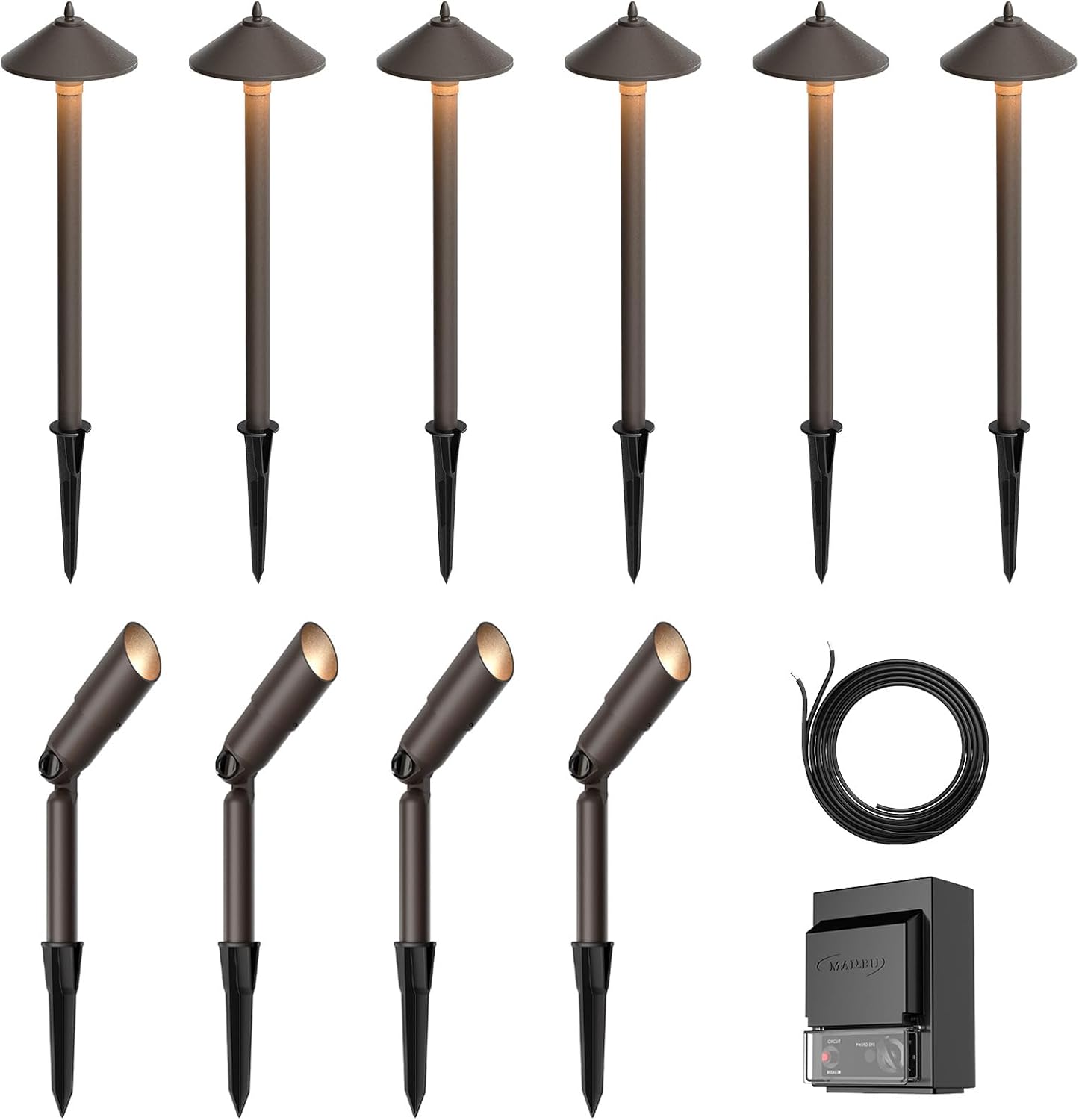 Malibu C Landscape Lighting Kit with 150W Low Voltage Outdoor Transformer & 12V Halogen 6PK 10W Bronze Pathway Lights & 4PK Metal 20W Flooding Lights/Spotlights Warm White & 75Feet #16 Wire for Patio