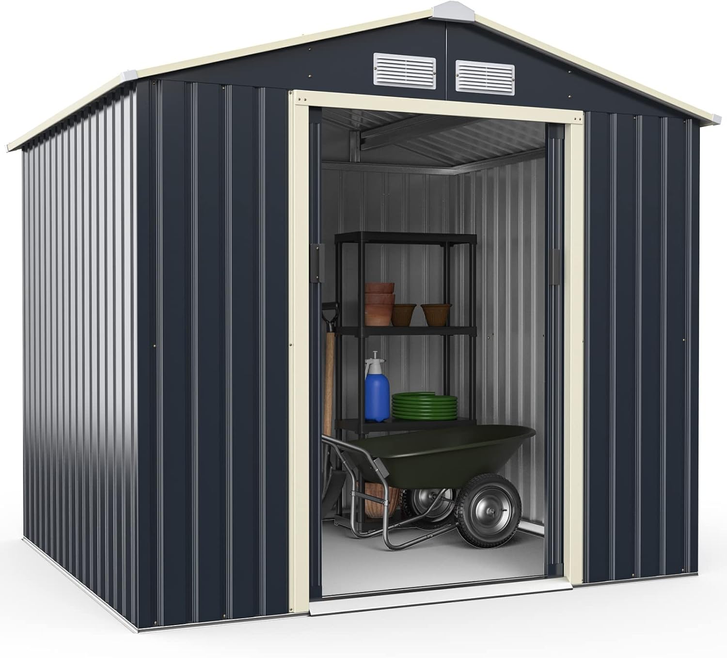 Goplus Storage Shed, Metal 7' X 6' Outdoor Building Organizer with 4 Vents & Double Sliding Door for Garden Backyard Farm (7'X6')
